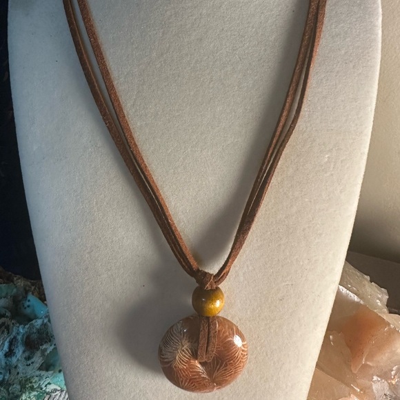 Coral Fossil Jade Donut Pendant Necklace - Picture 7 of 10